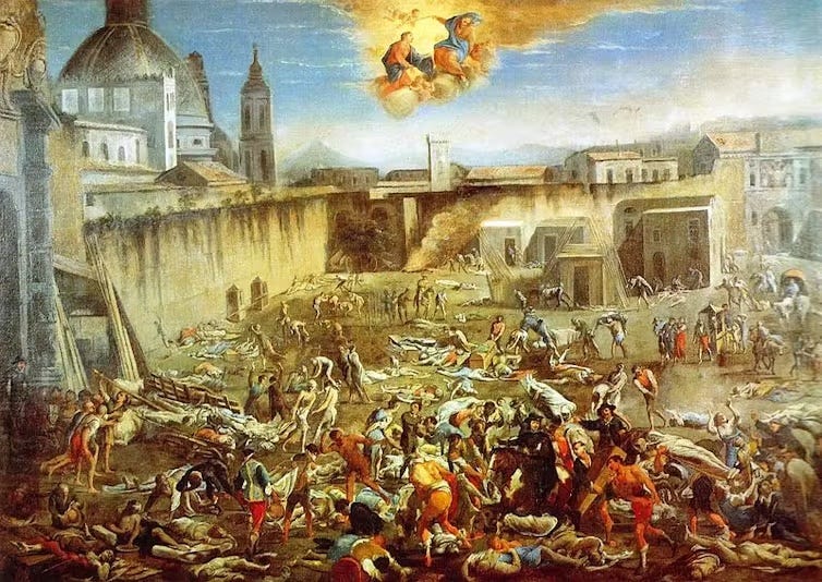 Photo of the painting The Piazza Mercatello in Naples during the plague of 1656, painting by Domenico Gargiulo. (Museo Nazionale di San Martino/Wikimedia Commons)