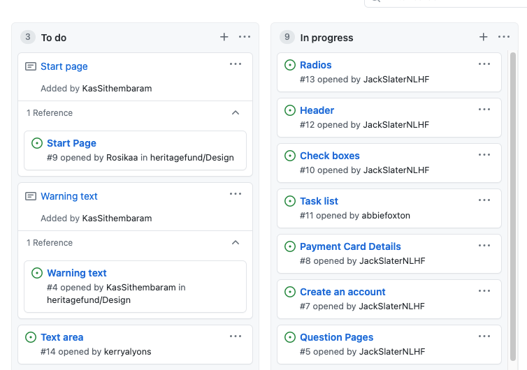 screengrab of two columns in the Github Project for our interaction design patterns. The left-hand column is titled ‘to do’ and includes boxes for start page, warning text, and text area. The righthand column is titled ‘in progress’ and shows 7 boxes, including check boxes, task list, and question pages