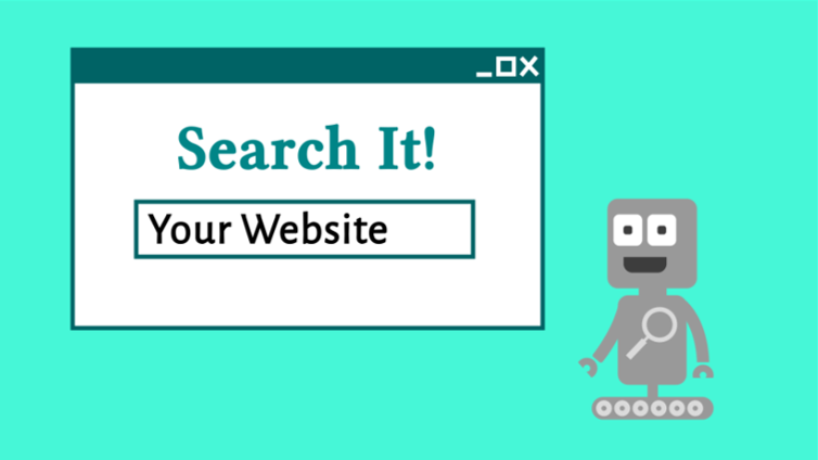 Search engine character next to a search engine website