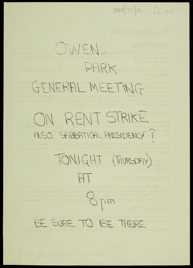 Flyer: ‘Owens Park General Meeting on Rent Strike, also Sabbatical Presidency? Tonight (Thursday) at 8pm, be sure to be there’
