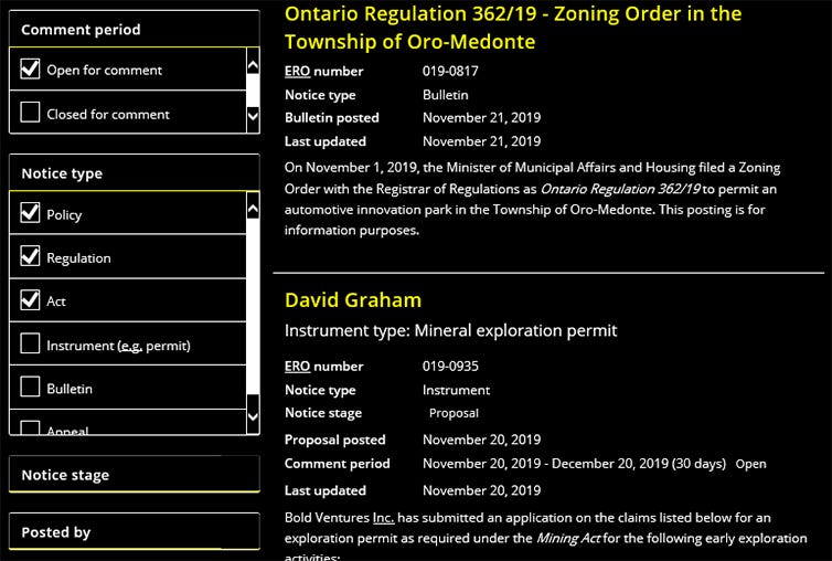 Screen shot of the Environmental Registry search results listing page in high-contrast mode.