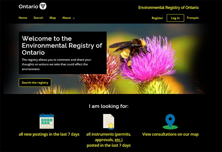 Screen shot of the Environmental Registry landing pagein high-contrast mode.