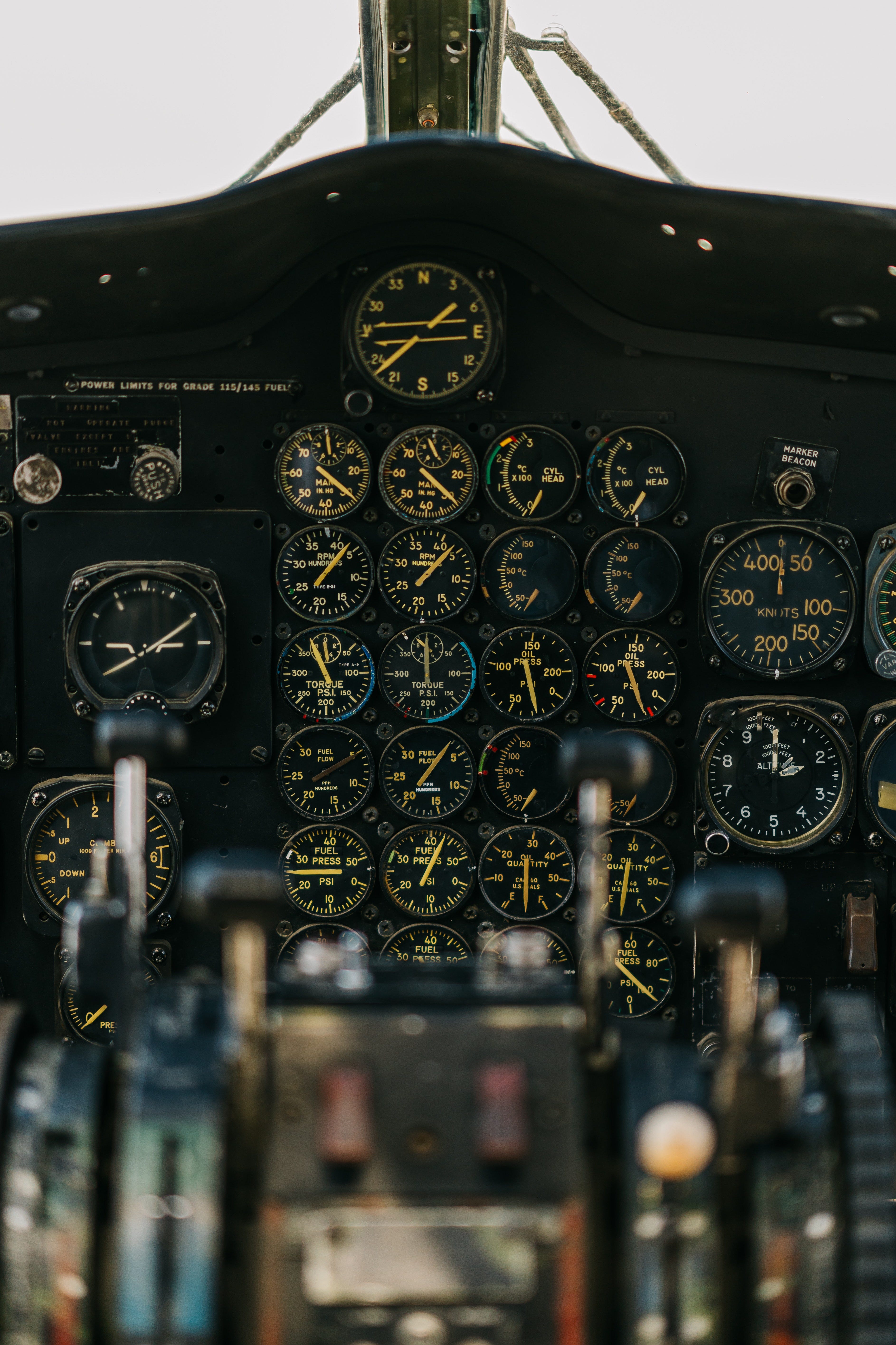 A series of gauges and meters in a pilot's cockpit