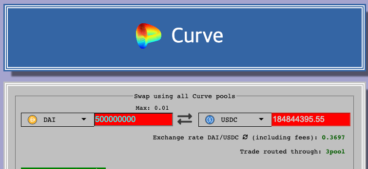 커브에서 ‘500000000’ Dai를 ‘184844395’ USDC로 교환하는 화면.