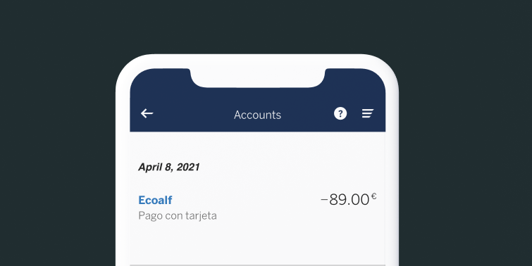 Captura de pantalla donde se ve una transacción de un banco. Una compra en Ecoalf, una tienda de moda sostenible, por un importe de 89 euros.
