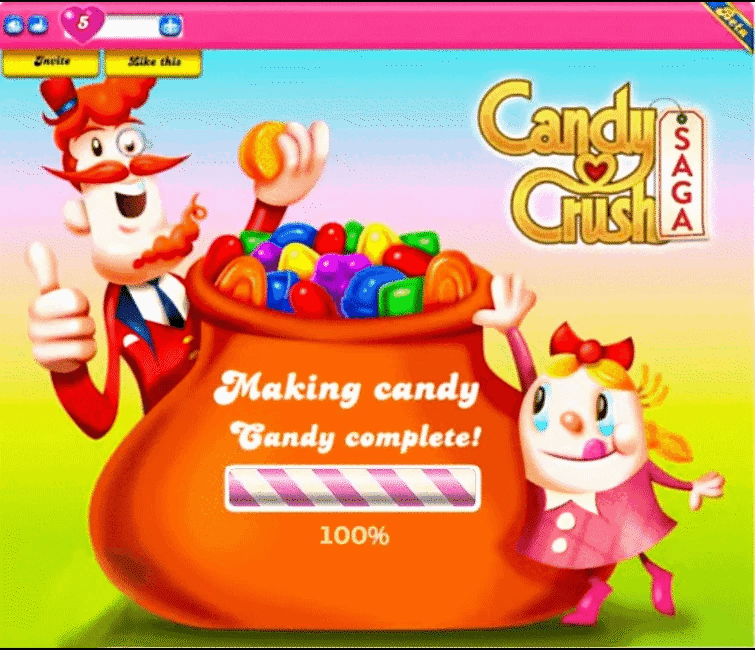 모바일 게임 캔디크러쉬사가의 로딩 중 화면. “Making candy”라는 게임에 몰입할 수 있는 문구를 사용했다.