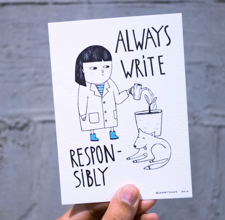 a postcard with a title “Alway write responsibly”, one of the copy principals at Booking.com