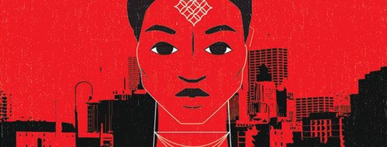 An illustration of a black woman against a red background with a cityscape behind her.