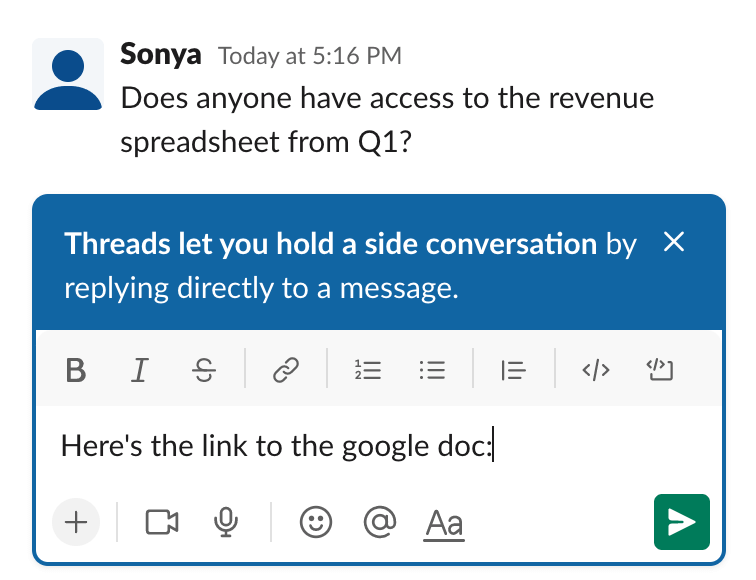 Reply in thread for better Slack etiquette