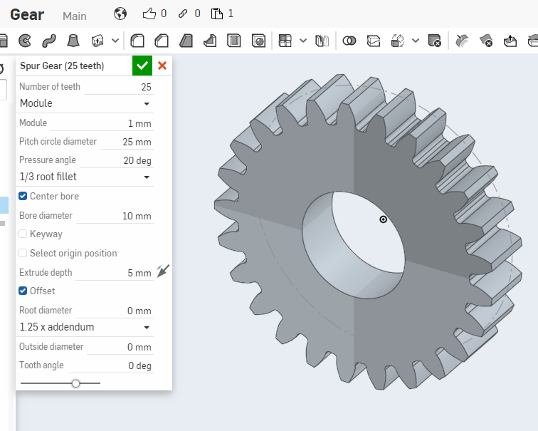 The gear tool in OnShape that creates a Spur gear by only giving the dimensions. There is no need for Modeling.
