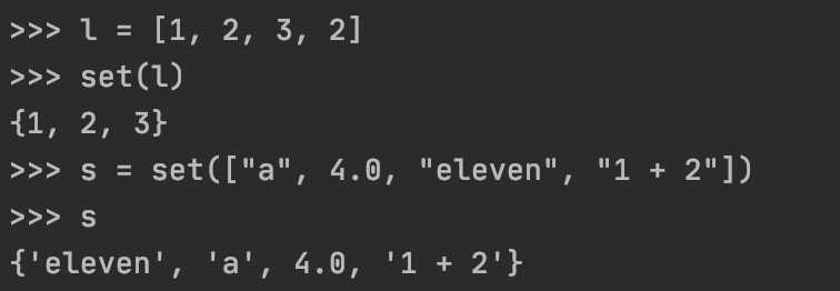 conversion of two lists into sets in the terminal