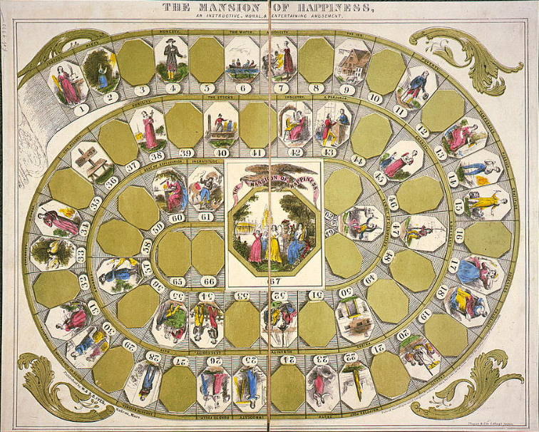 A board of the game “The Mansion of Happiness” with fields numbered from 1 1 to 67, with illustrations of people doing different activities on some of the filekds