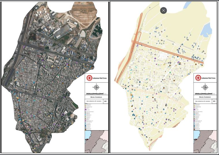 Two maps illustrating the process of data collection for a vulnerability and capability assessment in Lebanon