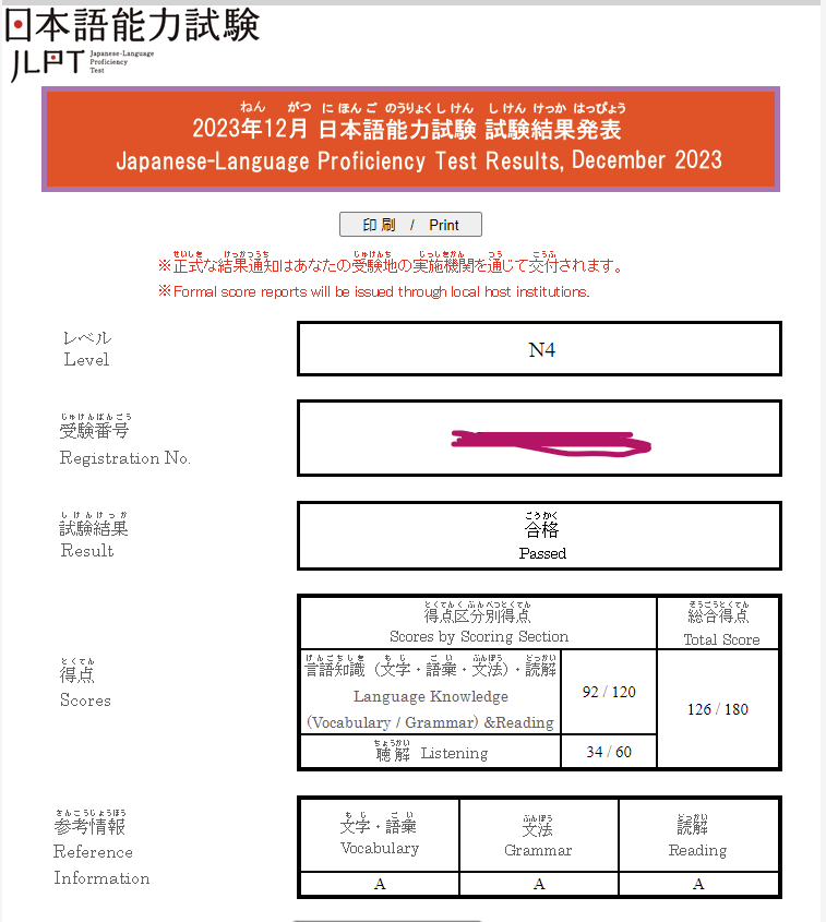 Breakdown of my JLPT N4 exam score.