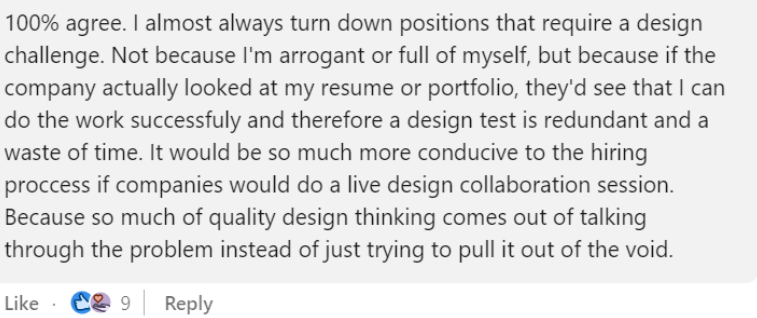 Screenshot of a linkedin comment. The author states he always refuse these challenges because he has a portfolio and point out he would prefer a live design collaboration.