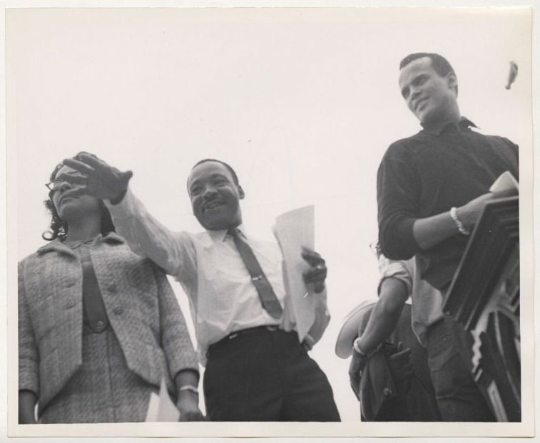 Martin Luther King, Jr. and Harry Belafonte near podium. American Jewish Congress records, undated, 1916–2006. Courtesy of AJHS.