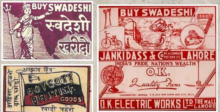 Vintage Swadeshi movement advertisements promoting Indian-made goods and boycotting British products. The posters feature slogans like ‘Buy Swadeshi’ and ‘Boycott British Goods,’ with illustrations of Bharat Mata, Indian products, and nationalist symbols.