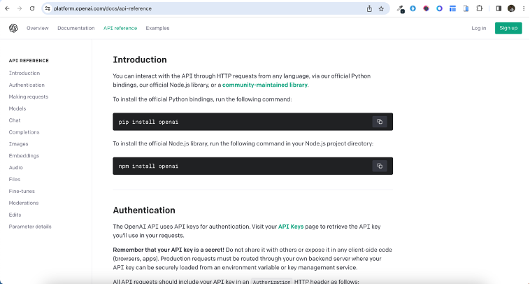 A picture showing Open AI’s API documentation and reference