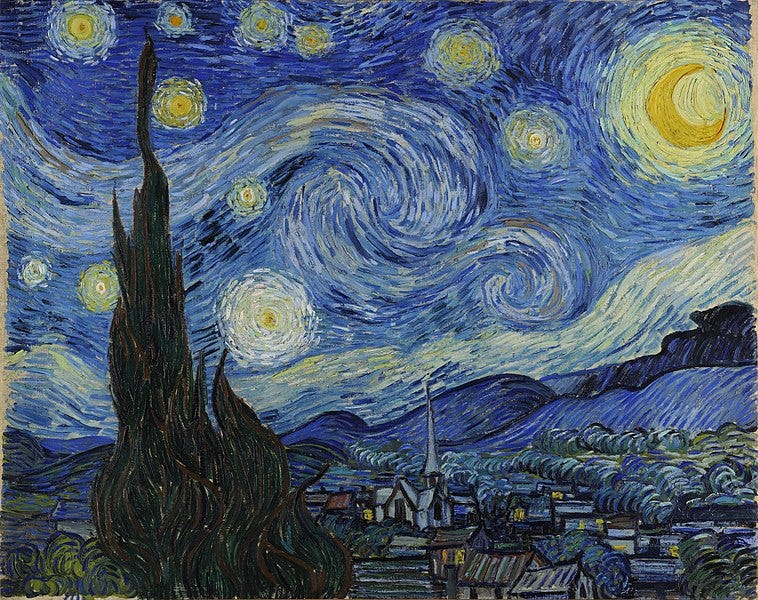 A painting of a scene at night with 10 swirly stars, Venus, and a bright yellow crescent Moon. In the background are hills, i
