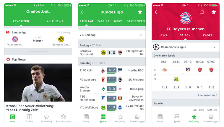 The old iOS app design of the Onefootball app, the company the author is working for.