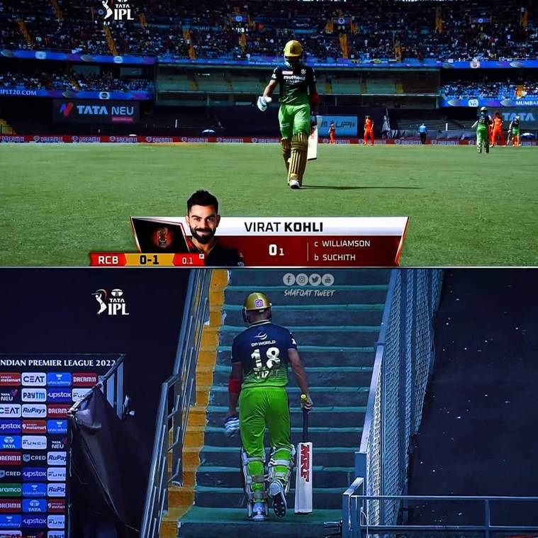 Virat Kohli walks back after getting out for a golden duck in IPL. He has recorded several golden ducks in multiple IPL tournaments.