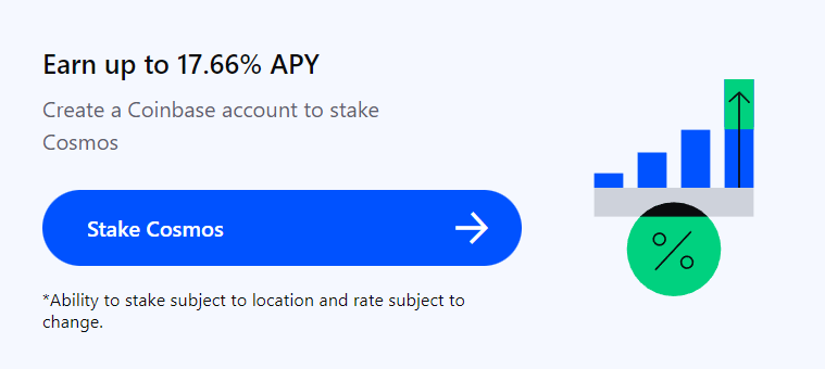 Screenshot of Coinbase graphic offering 17.66% APY to stake ATOM