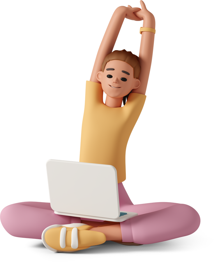 Ilustração 3d de uma garota de pele branca, cabelo marrom, sentada no chão de pernas cruzadas, vestindo uma camiseta amarela, calça rosa, tênis laranja e relógio de pulso laranja, se espreguiçando com um notebook branco aberto no colo.