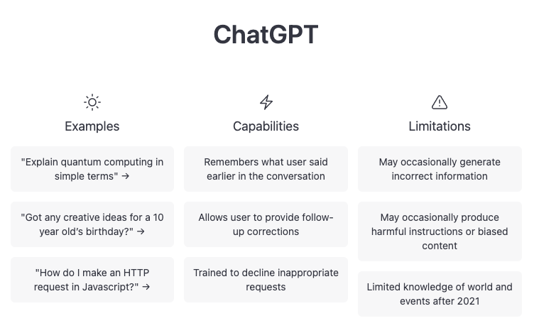 Screenshot from ChatGPT tool explaining the examples, capabilities, and limitations of what the tool can do.