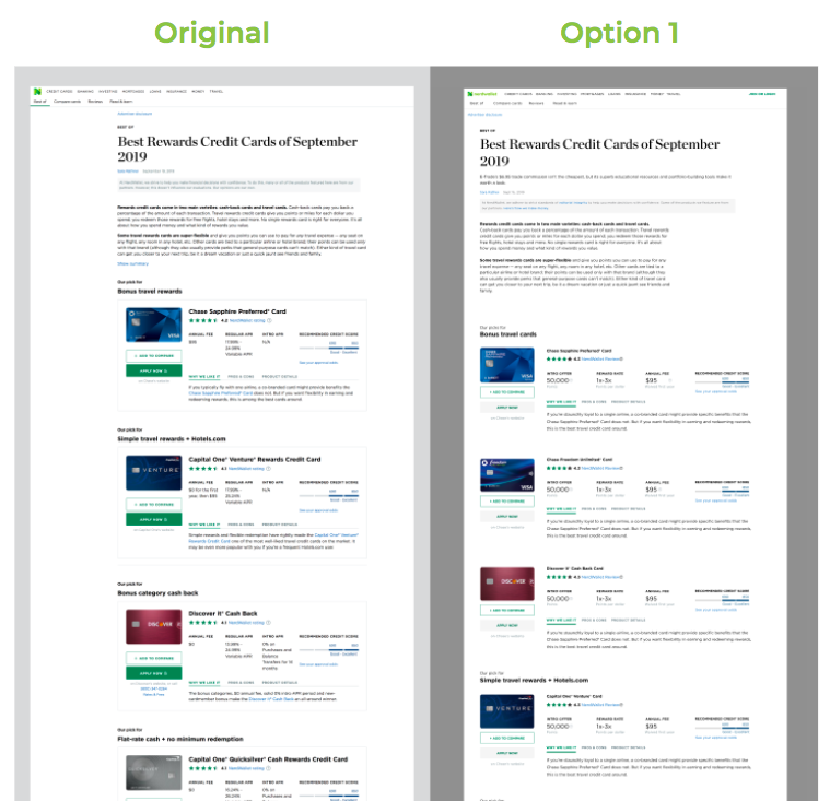 A side-by-side comparison of an existing page on NerdWallet vs. the same page, using new atoms