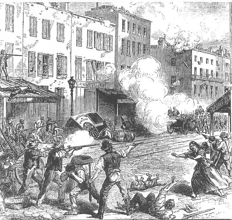 An illustration in The Illustrated London News depicting armed rioters clashing with Union Army soldiers in New York City