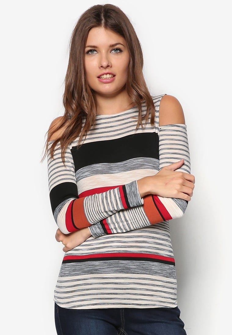 Ivory Stripe Cold Shoulder Top