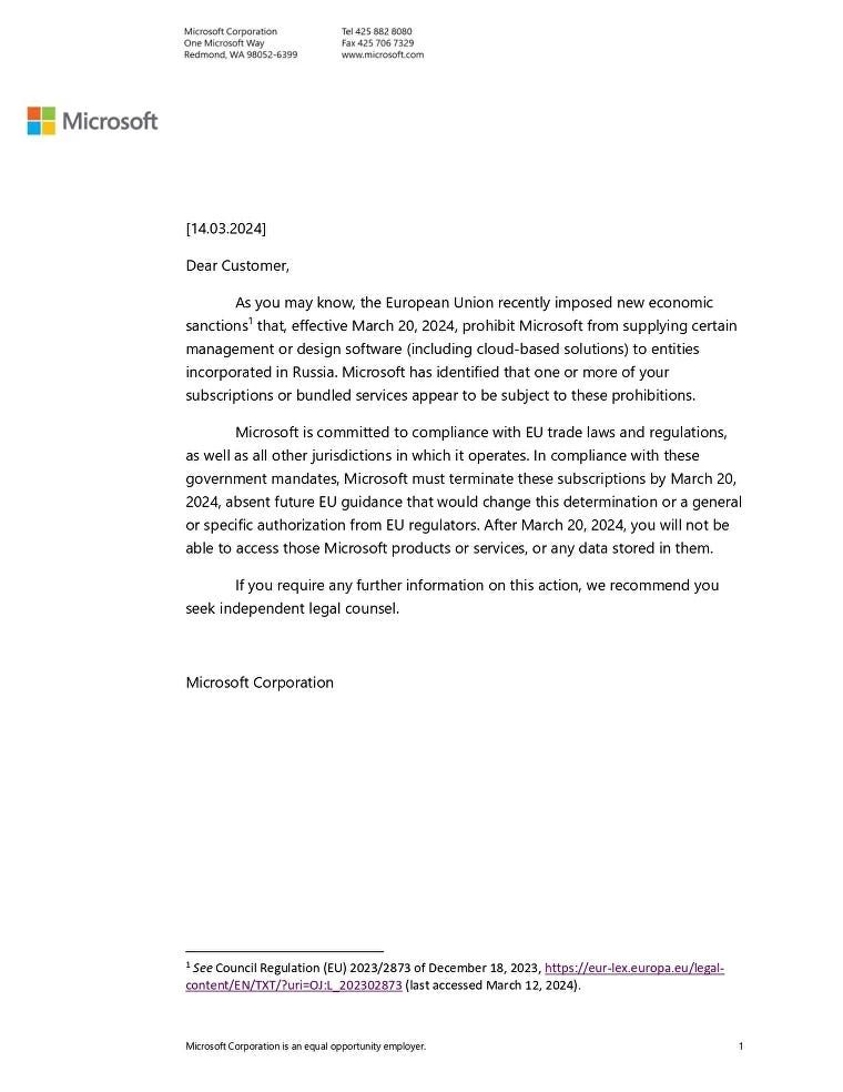 Письмо Microsoft об отключении облачных продуктов на территории России