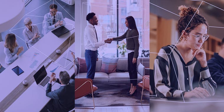 Three images depicting employees: first, working by themselves at a desk; second, shaking hands with coworkers; and lastly, collaborating with colleagues at a shared desk.