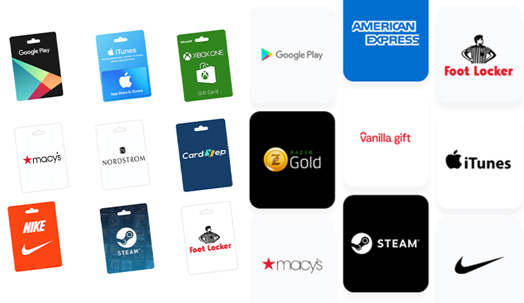 Amazon, Steam, Google Play, Razer Gold, iTunes, XBOX, Macy’s, Vanilla, Nordstorm, Nike, Foot Looker and all kind of gift cards.