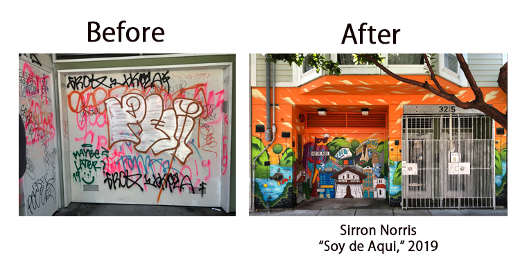 Before and after shot of a building with graffiti that was eventually covered up with a bright mural.