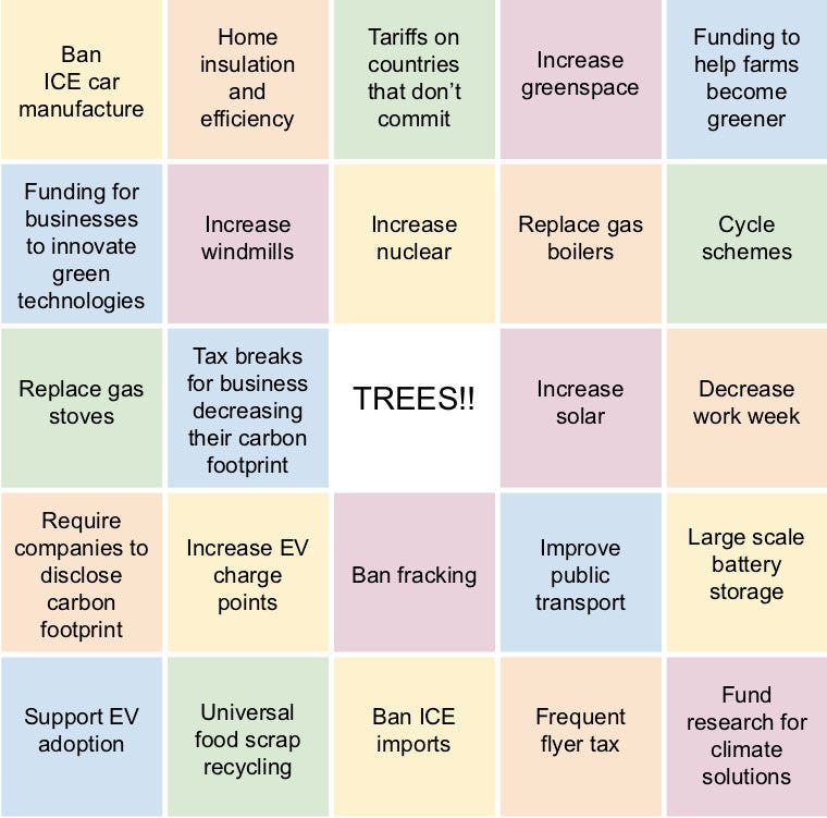 25 climate crisis policies arranged on a bingo card