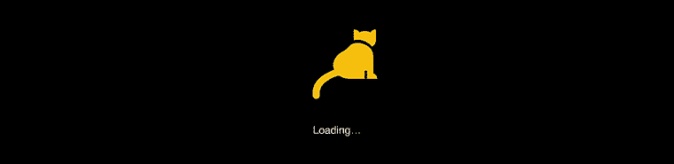A yellow cat is wagging its tail and text appears one after another: ”Loading”, ”Data are coming”, ”Still loading” etc.