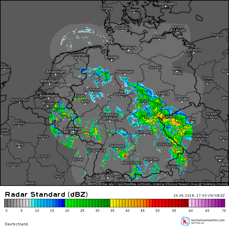 Radar image of Germany with colour-coded reflections.