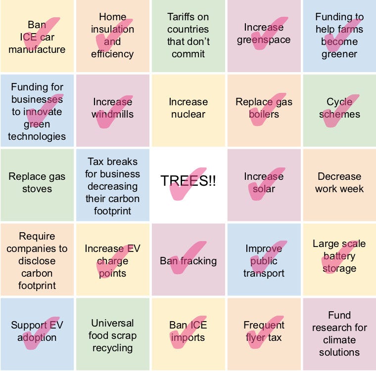 The Green Party bingo card with 17 of 25 policies