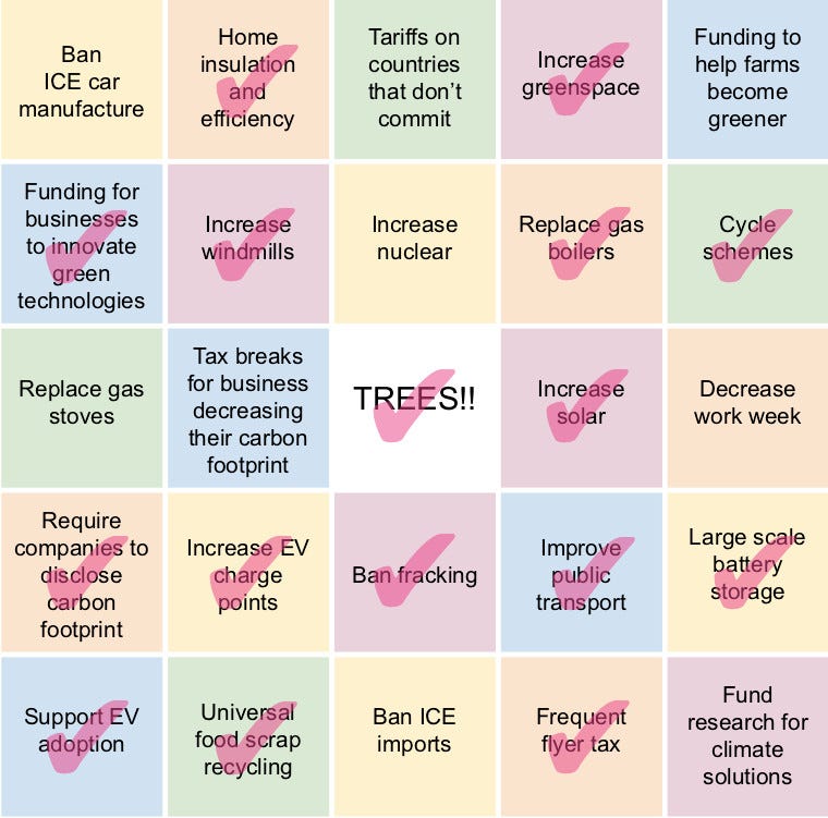 Liberal Democrat bingo card with 16 of 25 policies covered and bingo!