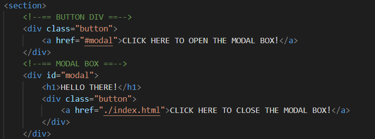 HTML code snippet consisting of modal windows div