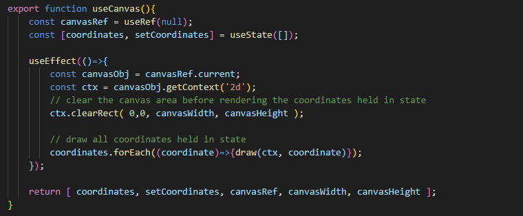 Final version of the useCanvas() hook, and it’s export variables.