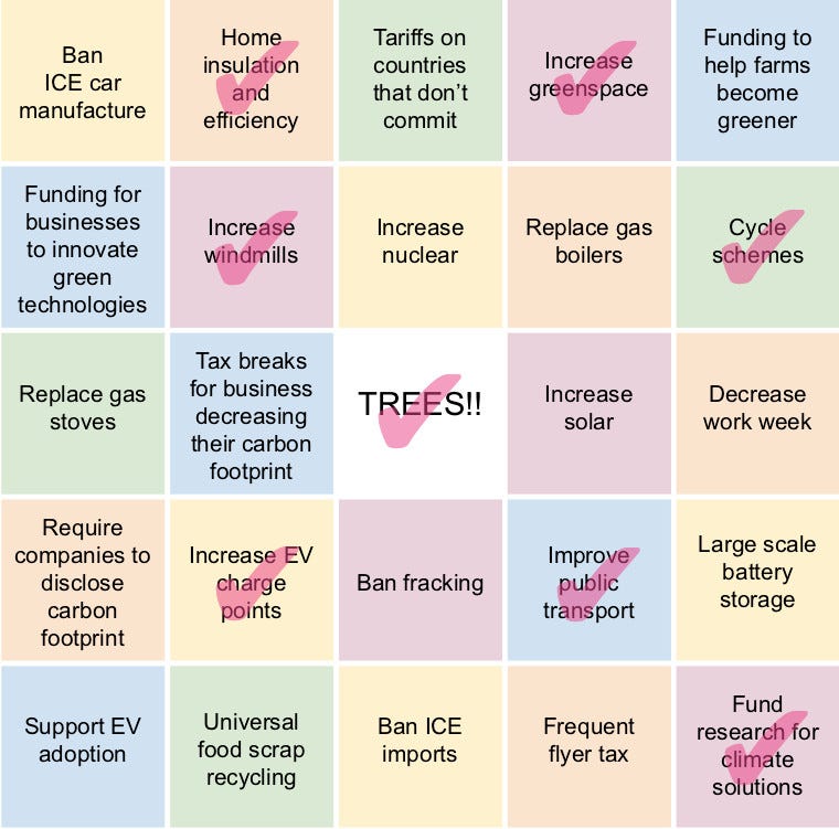 The Conservative Party bingo card with 8 of 25 policies covered