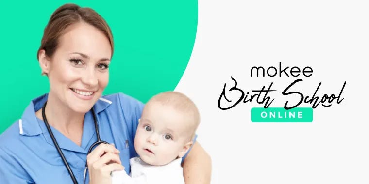 An advert for Mokee’s Birth School Online Service, showing a nurse holding a baby