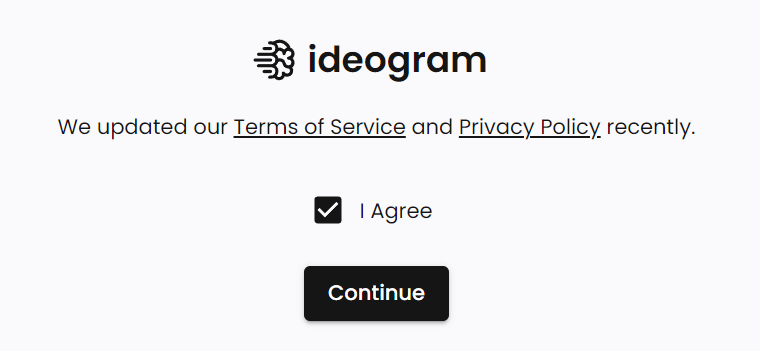 Screenshot of the Ideogram Terms of Service and Privacy Policy agreement page.