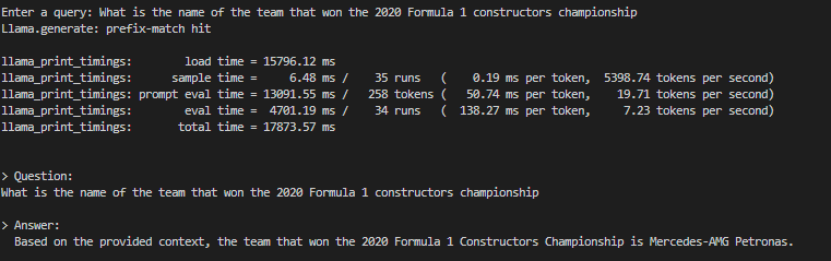 Image 7: Q&A with the chatbot asking which team won the 2020 constructor championship along with the details of how long it took to answer the question
