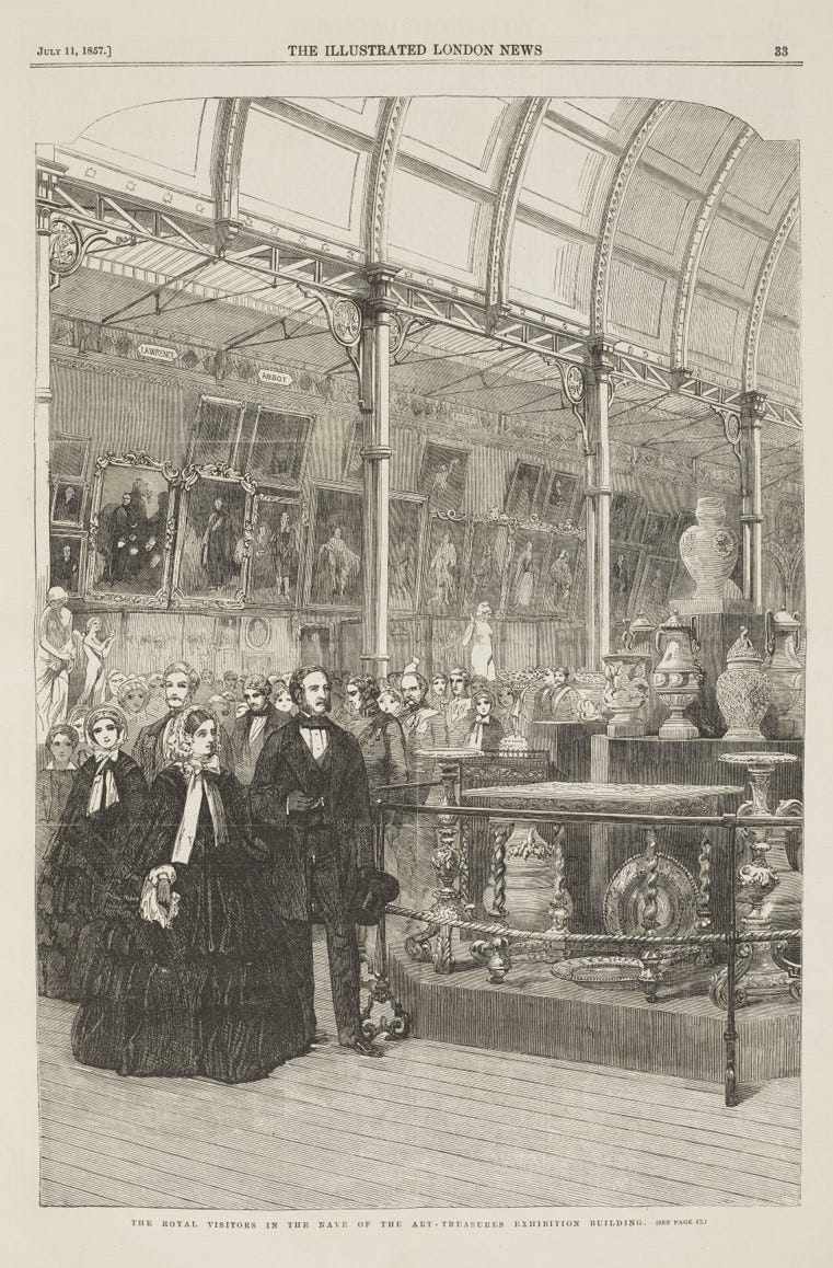 Queen Victoria and Prince Albert dressed in black, amidst paintings, sculpture and ceramics. A crowd of onlookers behind.