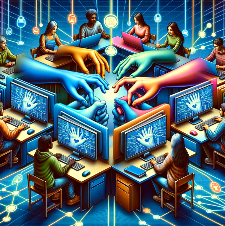 Decorative image of students collaborating online where virtual hands come out of their computers to link student work (DALL-E, 2024–05–04).