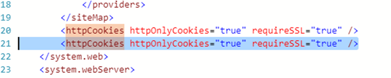 Duplicated httpCookies element inside the web.config
