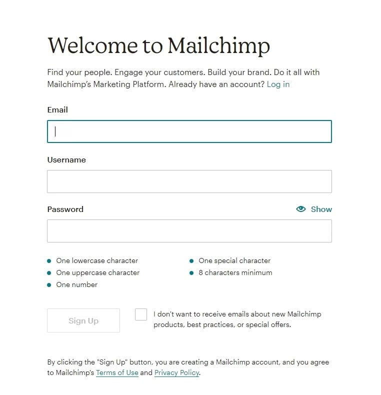Mailchimp welcome page